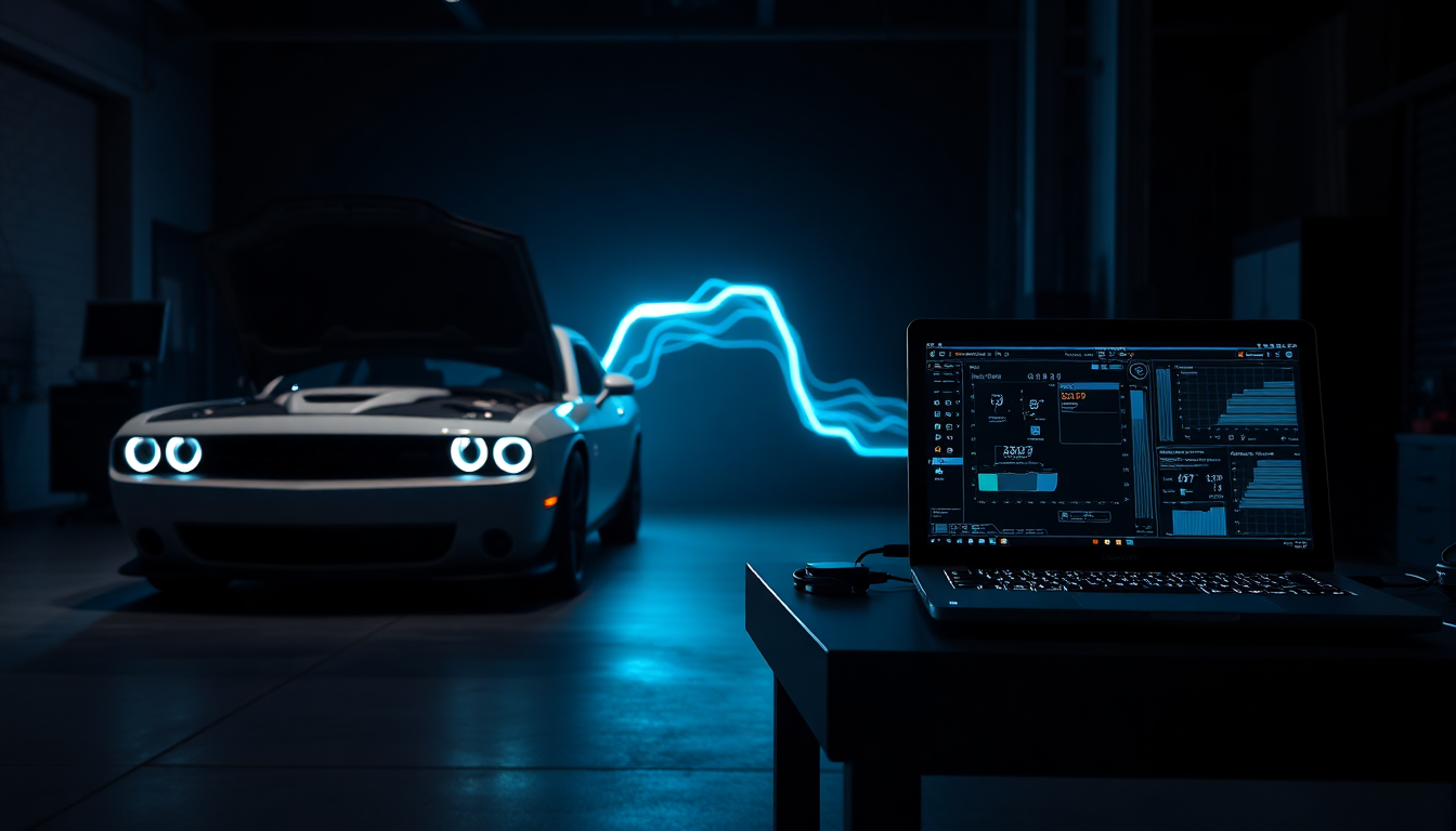 GPEC PCM unlock — muscle car, engine control module, and diagnostic laptop bridged for remote file service